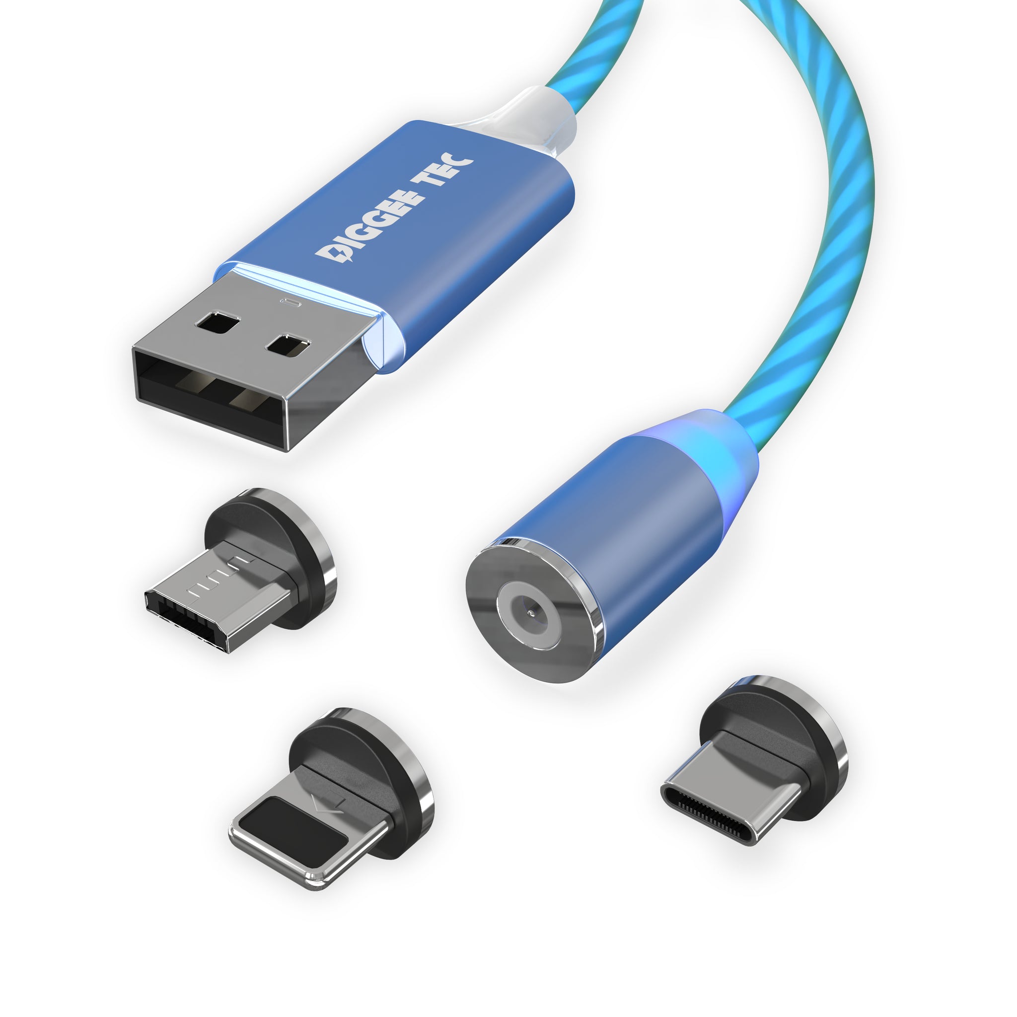 3in1 LED Ladekabel (1m) Lightning Micro USB USB-C Blau